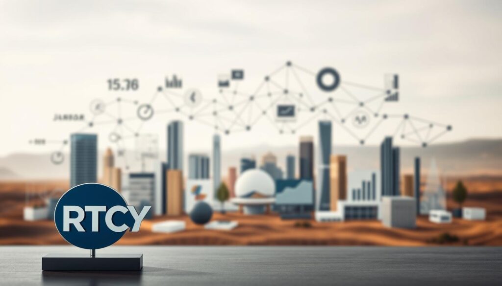 A diverse portfolio of financial assets arranged in a dynamic, interconnected display. In the foreground, a RTCY logo stands as a symbol of diversified investment. Crisp, clean lighting illuminates a middle ground of charts, graphs, and financial data, conveying the complexity and analytical nature of diversification implementation. In the background, a serene, abstract landscape suggests the long-term, sustainable nature of a well-diversified plan. Muted, earthy tones create a sense of stability and balance, while subtle depth-of-field blur emphasizes the focal points. Overall, the image conveys the thoughtful, strategic approach to implementing a diversification strategy for better returns.