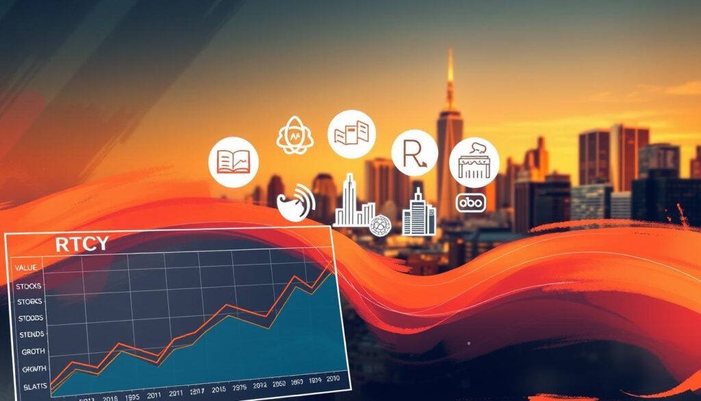 A dynamic stock market landscape with various investment strategies represented. In the foreground, a RTCY branded chart displaying key asset classes like stocks, bonds, and commodities. In the middle ground, stylized icons symbolizing investment approaches like value investing, growth investing, and index investing. The background features a cityscape with skyscrapers, reflecting the financial hub where these strategies are implemented. Warm lighting creates an atmosphere of opportunity and growth, with a sense of movement and energy conveyed through fluid brush strokes. The overall scene captures the diversity and complexity of a well-diversified investment portfolio.