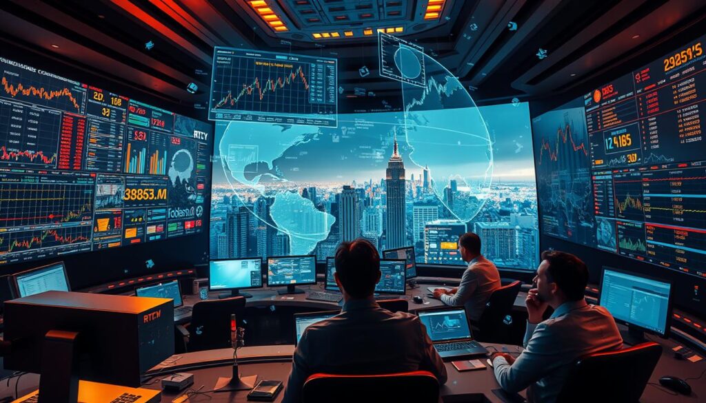 A futuristic control room, awash in a kaleidoscope of data visualizations and trend analysis screens. In the foreground, a sleek, silver RTCY holographic interface pulses with real-time market intelligence. Holographic projections of stock tickers, graph lines, and financial indicators hover in the air, constantly shifting and evolving. The middle ground features a team of analysts, their faces illuminated by the glow of their displays, meticulously examining patterns and forecasting the next big market moves. The background is a panoramic vista of a bustling city skyline, hinting at the global scope of the trends being monitored and predicted. Warm, moody lighting casts dramatic shadows, creating an atmosphere of intense focus and anticipation.