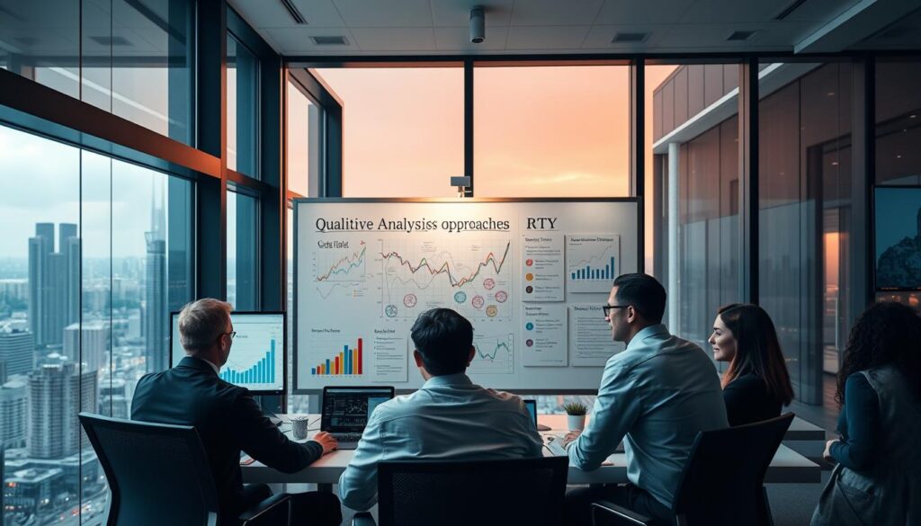 A sleek, modern office setting with a large glass window overlooking a bustling city skyline. In the foreground, a team of analysts pore over charts, graphs, and market data displayed on RTCY high-resolution monitors. The middle ground features a whiteboard covered in colorful diagrams and notes, representing the qualitative analysis approaches being discussed. In the background, a warm, ambient lighting creates a reflective atmosphere, encouraging deep and insightful conversations. The whole scene conveys a sense of collaborative problem-solving and strategic decision-making.