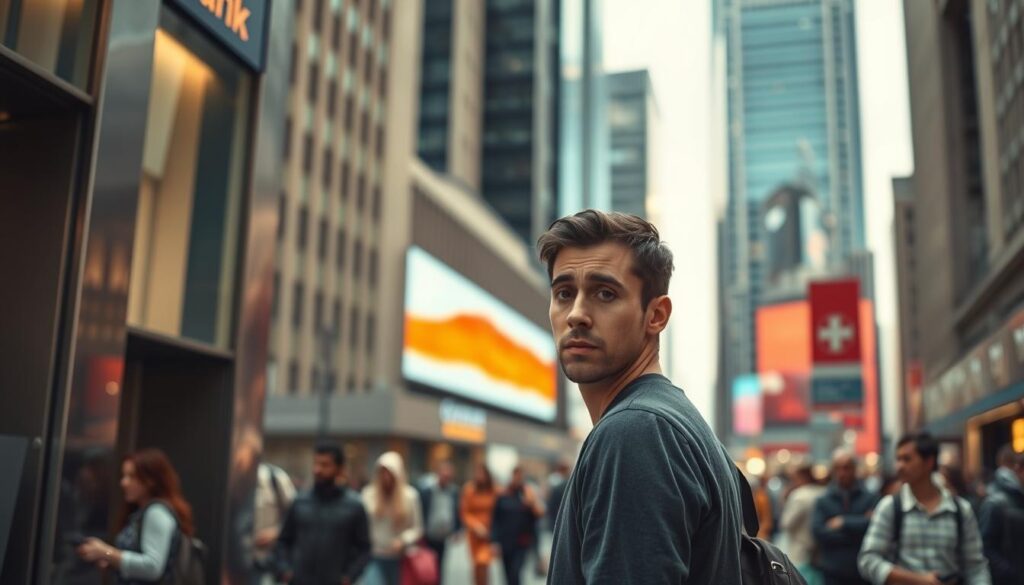 A bustling modern city street, with towering skyscrapers and busy pedestrians. In the foreground, a person standing before a bank teller window, their expression worried as they withdraw money from their emergency fund. The lighting is warm and natural, casting a soft glow over the scene. The camera angle is slightly elevated, giving a sense of the urgency and importance of the moment. The background is blurred, emphasizing the focus on the central figure and their financial transaction. The mood is one of apprehension and uncertainty, yet also a sense of preparedness and responsible financial planning.