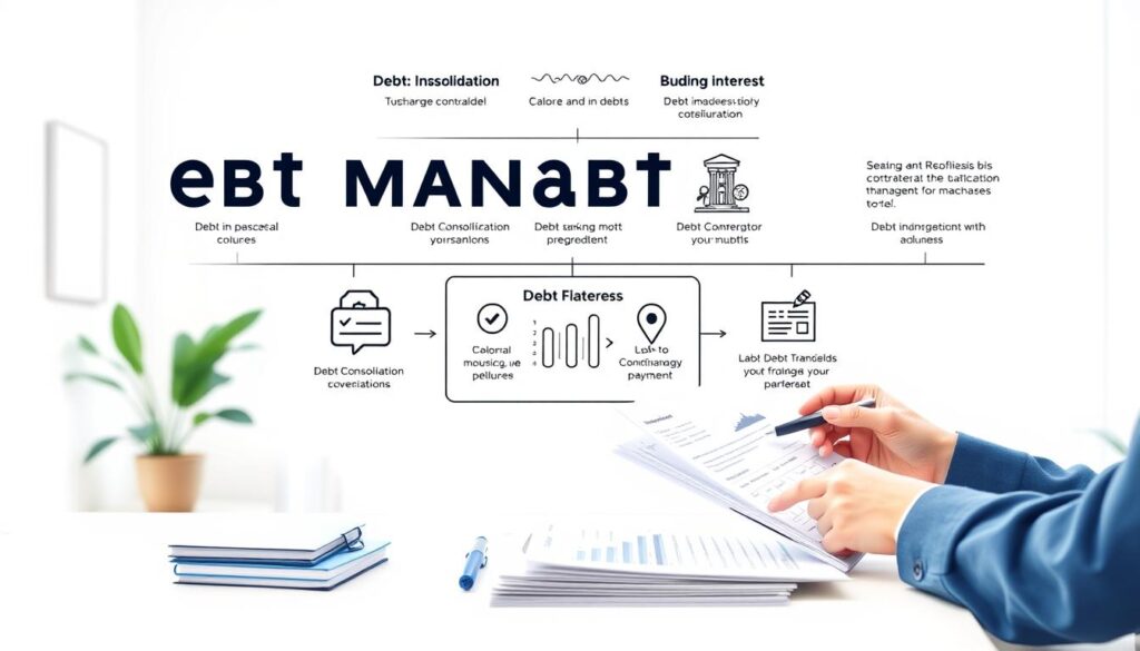 A detailed, well-organized image of "debt management strategies" showcasing practical solutions to tackle outstanding balances. A foreground featuring a person reviewing financial documents and calculating payments, with a middle ground displaying different debt repayment methods like debt consolidation, budgeting, and minimizing interest. The background depicts a serene, minimalist office setting with clean lines, natural lighting, and muted tones to convey a sense of focus and control over one's financial future. The overall mood is calm, professional, and solution-oriented.