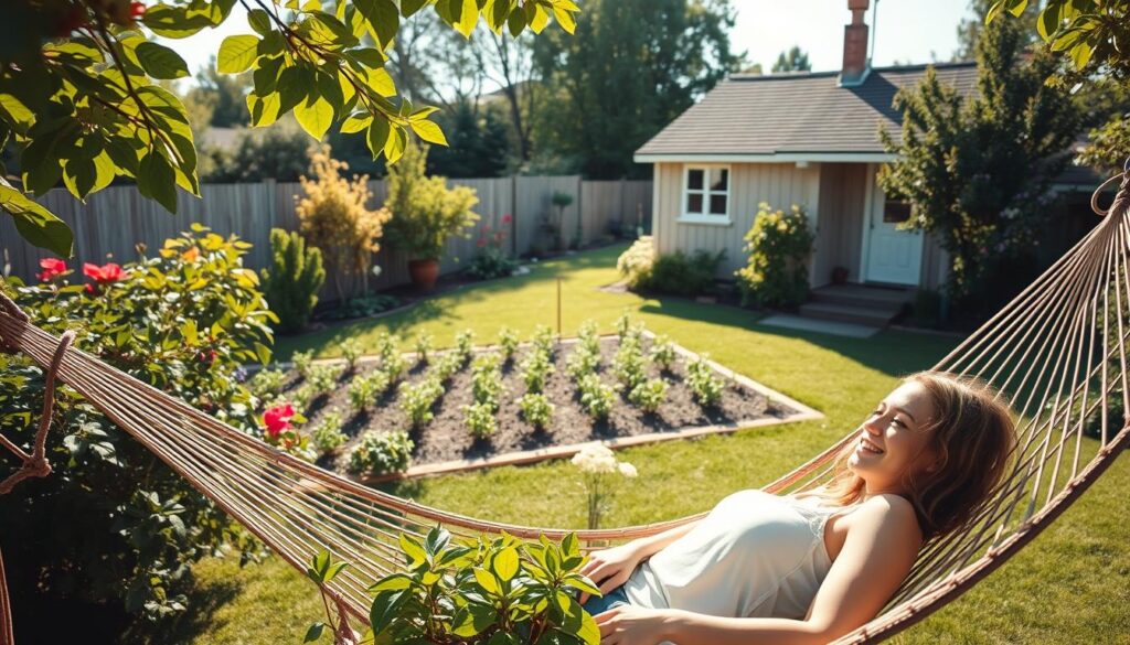 A peaceful, sun-drenched backyard garden, lush with verdant foliage and vibrant blooms. In the foreground, a young couple relaxes on a comfortable hammock, their expressions serene and content. The middle ground features a tidy, well-maintained vegetable patch, symbolic of self-sufficiency and financial prudence. In the background, a cozy, modest home with a neatly trimmed lawn and a single, slender tree stands as a testament to a debt-free lifestyle. The scene is bathed in warm, golden light, conveying a sense of tranquility, abundance, and the freedom that comes with financial independence.