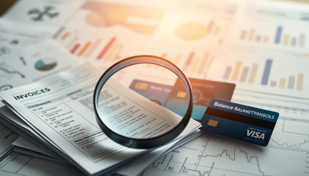A sophisticated financial blueprint showcasing various debt consolidation options. In the foreground, a magnifying glass hovers over a stack of invoices and credit card statements, casting an analytical light on the complex web of financial obligations. In the middle ground, a variety of consolidated loan types are represented - personal loans, balance transfer cards, and debt management plans - each conveying a sense of structured organization and debt-relieving potential. The background is a soft, blurred landscape of financial graphs and charts, hinting at the broader financial landscape and the journey towards financial freedom. Warm, directional lighting emanates from the center, creating a sense of clarity and purpose amidst the financial complexities. The overall tone is one of thoughtful contemplation, with a focus on pragmatic solutions to overcome the burden of debt.