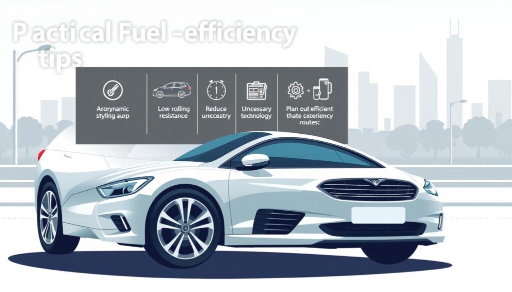 A well-lit, detailed illustration of practical fuel efficiency tips for drivers. In the foreground, a fuel-efficient car is prominently displayed, with its key features highlighted, such as aerodynamic styling, low-rolling-resistance tires, and advanced engine technology. In the middle ground, a series of pictographic icons depict specific tips, like maintaining proper tire pressure, reducing unnecessary weight, and planning efficient routes. The background features a clean, minimalist cityscape, emphasizing the urban setting where these cost-saving strategies can be applied. The overall mood is informative and visually engaging, conveying the message of making transportation more economical through simple, actionable measures.