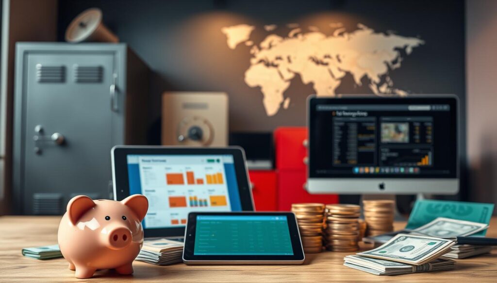 A well-lit, photorealistic scene of various financial instruments and savings options for an emergency fund. In the foreground, a piggy bank, a stack of cash, and a digital tablet displaying investment choices. In the middle ground, a secure filing cabinet and a desktop computer with financial software open. In the background, a bank vault door and a world map, conveying a sense of financial security and global reach. The lighting is warm and inviting, with soft shadows and highlights accentuating the textures and details of the scene. The overall mood is one of confidence and preparedness, reflecting the importance of maintaining a robust emergency fund.
